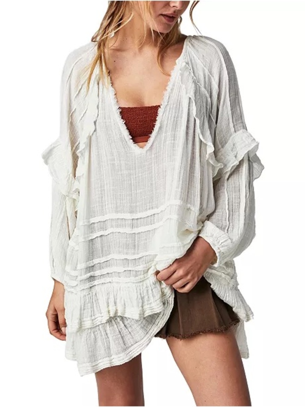 Free People Tamasi Ruffle-Trim V-Neck Over-sized Tunic
